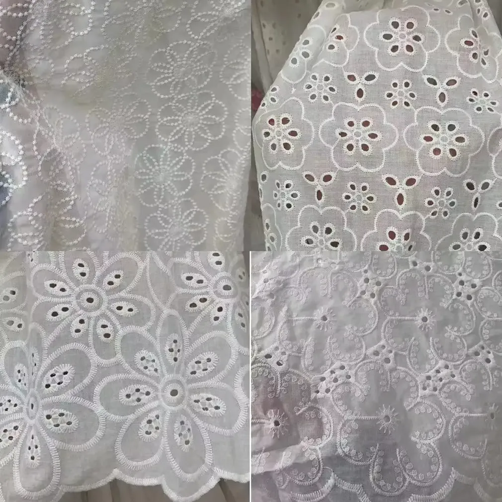 New Arrival 3d Flower Decorated 100 Cotton Embroidery Lace Fabric With Eyelet Holes For Women Shirt Clothing