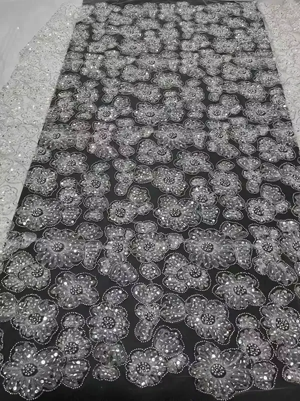3d Ribbon Flower Embroidery Net Fabric With Sequins And Beads
