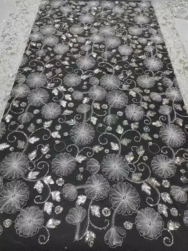 3d Ribbon Flower Embroidery Net Fabric With Sequins And Beads