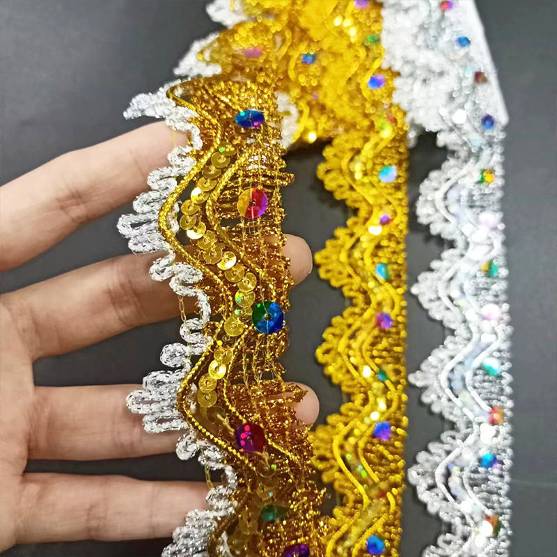 Kledingaccessoires Goud en zilveren metalen rand kanten trim multicolor pailletten gouddraad metalen kanten trim
