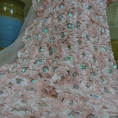 3d roze bruiloftsstof bloemen Tapijt zachte bruidsjurk veer kanten stof met pailletten