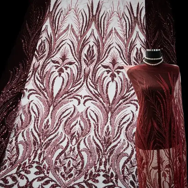 Luxe Milieuvriendelijke Rode Kralen Bruids Geborduurde Kant Pailletten Mesh Tule Trouwjurk Stoffen Dames 100% Polyester