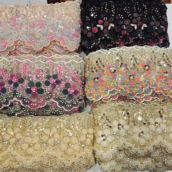 Veelkleurig geborduurd kant met 3D mesh bloemen lint kralen buis barcode borduurwerk kant